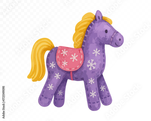 Purple felt toy horse with stitched edges, golden mane and tail, decorated with pink saddle and white snowflake patterns, cozy handmade plush decoration in whimsical style. Watercolor vector illustrat