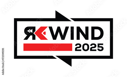Minimalist 2025 logo design with bold black numerals above a red bar. White text "REPLAY" with rewind and play symbols inside. Clean, modern, flat graphic style on white background.	