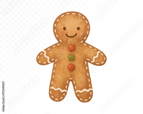 Adorable felt gingerbread man ornament with stitched edges, cute smiling face, red and green candy buttons, handmade holiday decoration in cozy textile craft style. Watercolor vector illustration.