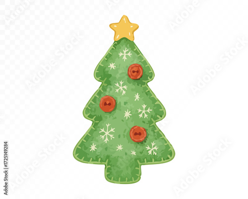 Watercolor felt Christmas tree toy with golden star, red buttons and stitched snowflake details, handmade festive holiday ornament art. Vector illustration.