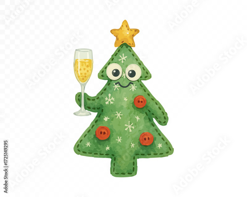 Watercolor felt Christmas tree toy with star, stitched details, funny face and buttons, holding champagne glass, handmade festive holiday decoration art. Vector illustration.