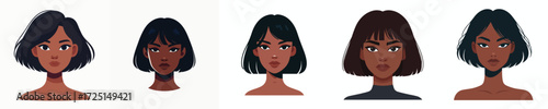 Vector Avatar of a woman's face with asymmetrical bob hair, dark skin, confident expression