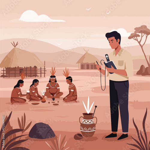 Ethnographic scene journalist interviews tribe in dry land with huts and mountains