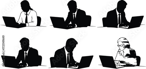 Business silhouettes, professionals, laptop work, desk job, office environment, workplace diversity, computer use, productivity, teamwork, technology, modern work, strategy