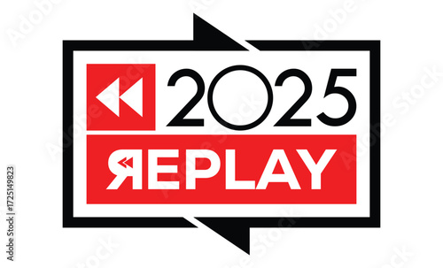 Minimalist 2025 logo design with bold black numerals above a red bar. White text "REPLAY" with rewind and play symbols inside. Clean, modern, flat graphic style on white background.
