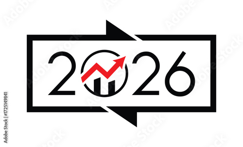 Minimalist 2026logo design with bold black numerals above a red bar. White text "2026 BUSINESS" with rewind and play symbols inside. Clean, modern, flat graphic style on white background.