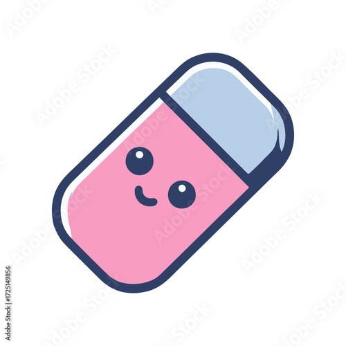 A cheerful cartoon eraser character with a smiling face, set against a simple white background