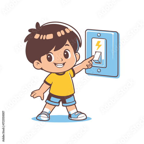 A cheerful child in a yellow shirt turning on a light switch in a bright, playful room