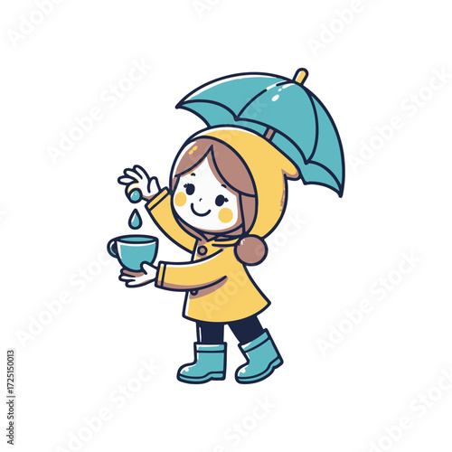 A cheerful child in a yellow raincoat holding a cup under a blue umbrella, enjoying a rainy day