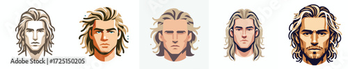 Vector Avatar of a man's face with long flowing blonde hair, light skin, serious expression