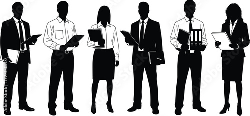 Business silhouettes, professionals, office workers, documents, clipboards, binders, folders, corporate attire, teamwork, workplace, communication, strategy, leadership, collaboration, productivity