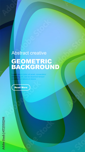 Abstract design features overlapping colorful shapes. Text present includes title, sample text, button. Dark background enhances vibrant hues.