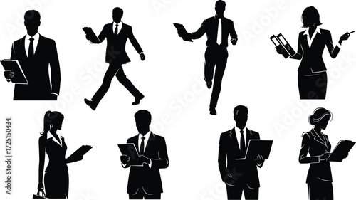 Business silhouettes, professionals, office workers, documents, folders, tablets, corporate attire, teamwork, workplace, communication, leadership,  