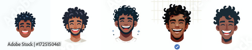 Vector Avatar of a man's face with curly hair, dark skin, laughing expression