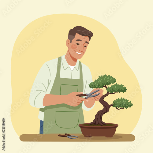 Man carefully trims bonsai tree with shears, apron