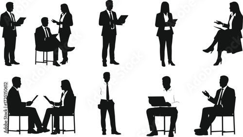 Business silhouettes, professionals, office workers, tablet, clipboard, laptop, meeting, discussion, presentation, teamwork, workplace, communication, leadership, productivity,  