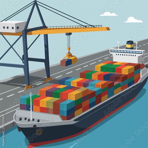 Ship docked at port being unloaded by a crane, under a blue sky with clouds