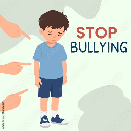 Stop bullying poster.Different hands indicate a frightened boy. A victim of bullying.National bullying prevention month vector illustration