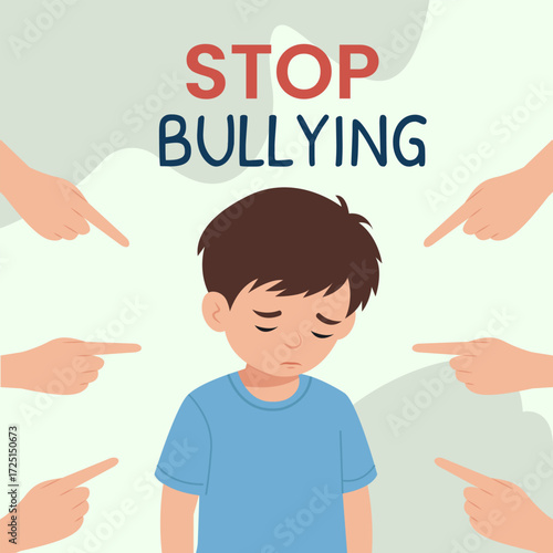 Stop bullying poster.Different hands indicate a frightened boy. A victim of bullying.National bullying prevention month vector illustration
