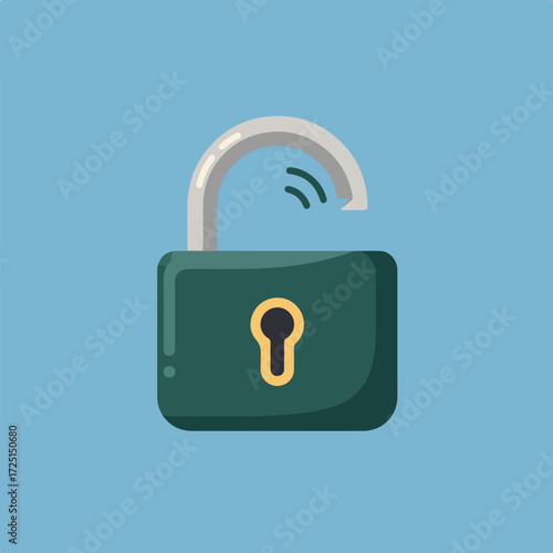 Green open padlock with gray shackle showing connection waves on blue