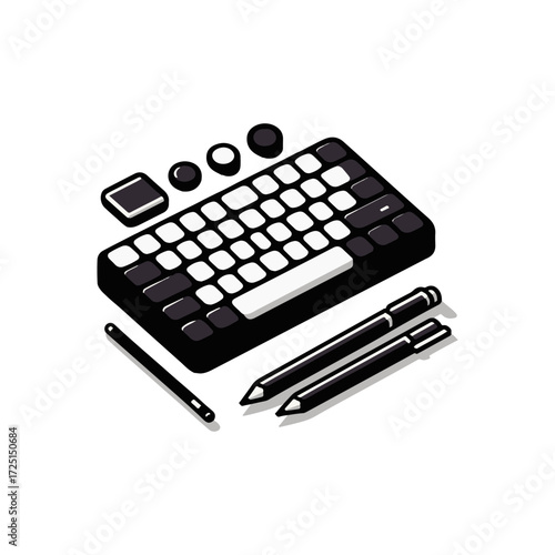 A modern black and white keyboard with pens and a stylus on a clean white background
