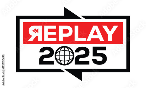 Minimalist 2025 logo design with bold black numerals above a red bar. White text "REPLAY" with rewind and play symbols inside. Clean, modern, flat graphic style on white background.
