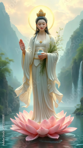 A serene depiction of a divine being radiates tranquility, she is standing on a lotus flower, embodying grace and spiritual enlightenment.