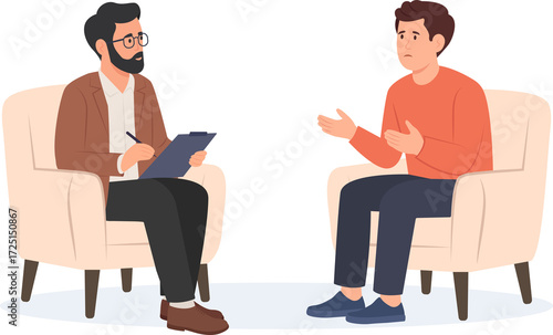 Psychology therapy counseling. Psychologist talking with patient. Man with stress, depression or mental problem.Vector illustration.