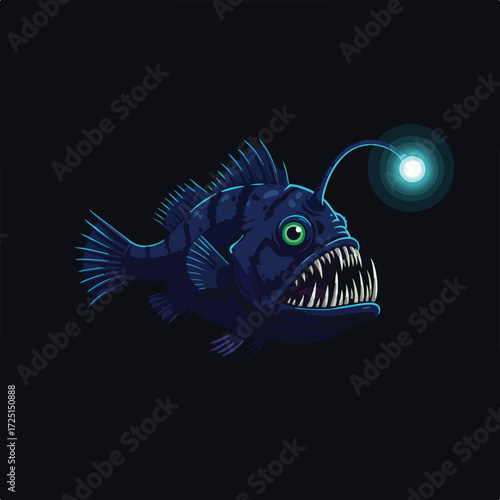 Cartoonish Anglerfish with glowing lure against black background