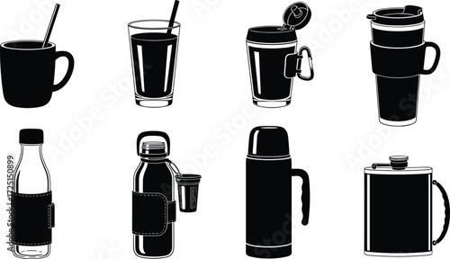 Drinkware and container collection, mugs, travel cups, bottles, thermos, hip flask, everyday drink accessories, silhouette illustration, portable beverage gear
