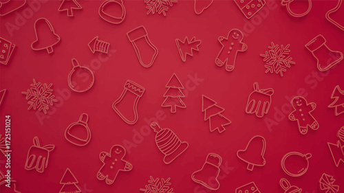 A collection of festive christmas cookie cutter shapes including trees bells and stars arranged in a repeating pattern on a vibrant red background silhouette