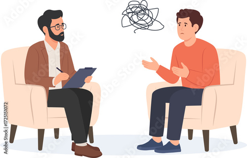 Psychology therapy counseling. Psychologist talking with patient. Man with stress, depression or mental problem.Vector illustration.