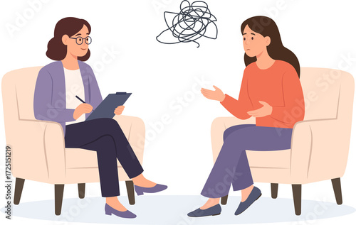 Psychology therapy counseling. Psychologist talking with patient. Woman with stress, depression or mental problem.Vector illustration