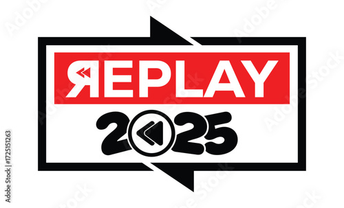 Minimalist 2025 logo design with bold black numerals above a red bar. White text "REPLAY" with rewind and play symbols inside. Clean, modern, flat graphic style on white background.