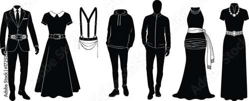 Fashion outfits collection, men’s suit, women’s dresses, hoodie, casual wear, gown, decorative belts, harness accessory, modern silhouette illustration set