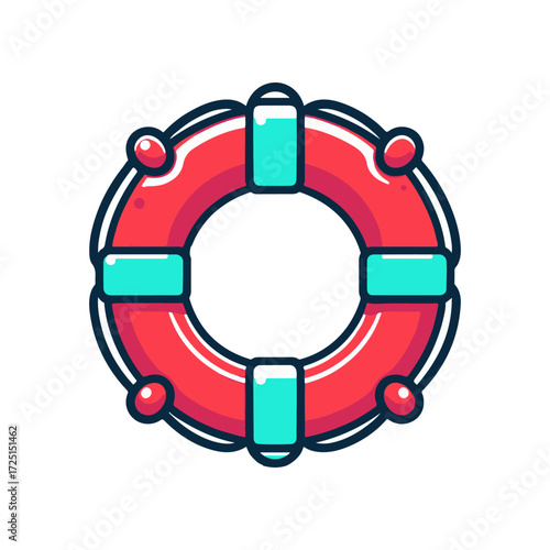 A vibrant illustration of a red and turquoise life preserver floating against a white background, symbolizing safety and rescue