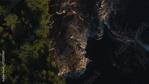 Aerial view of a large, wild rapid next to the bank, where the tannic water foams white.
