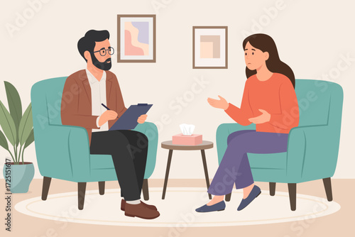 Psychotherapy session - woman talking to psychologist sitting on armchair. Mental health concept., Vector illustration