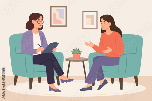 Psychotherapy session - woman talking to psychologist sitting on armchair. Mental health concept., Vector illustration