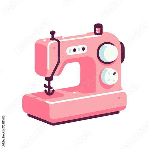 A vibrant pink sewing machine with dials and a needle, set against a clean white background