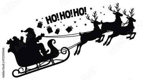 Classic christmas silhouette of santa claus and his reindeer flying through the night sky with gifts and ho ho ho banner