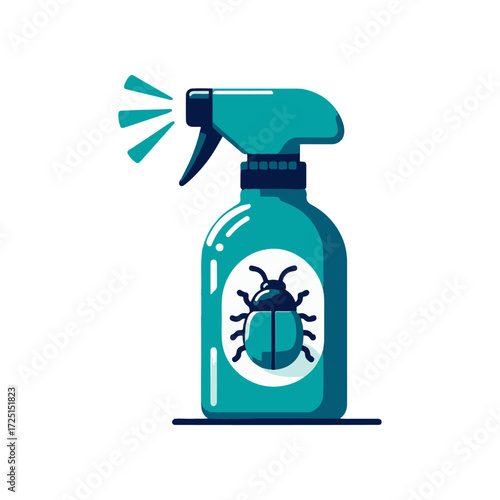 A vibrant spray bottle designed for pest control, featuring a bug illustration, set against a clean backdrop