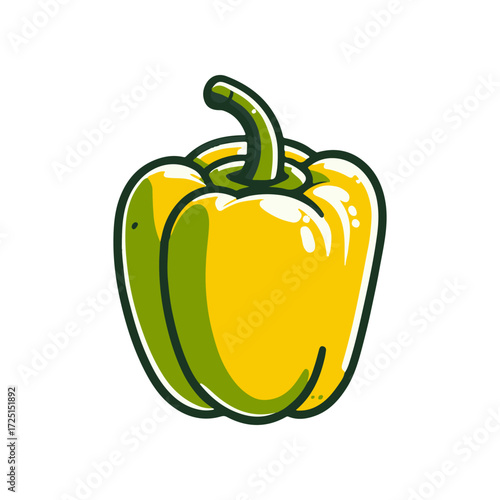 A vibrant yellow bell pepper with green accents, set against a clean white background, ideal for culinary uses