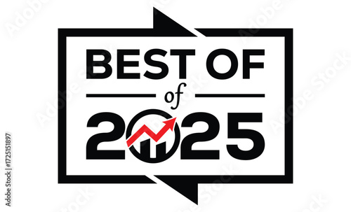 Minimalist 2025 logo design with bold black numerals above a red bar. White text "BEST OF" with rewind and play symbols inside. Clean, modern, flat graphic style on white background.	