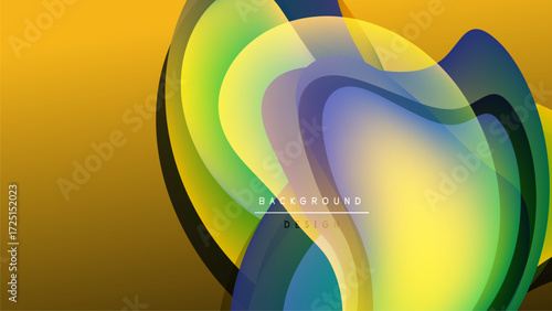 Abstract flowing shapes, vibrant colors blend. Dynamic composition, modern design, golden background contrasts dark space.