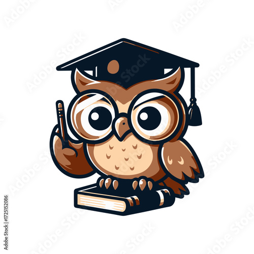A wise owl wearing a graduation cap holds a pencil, perched on a book, symbolizing education