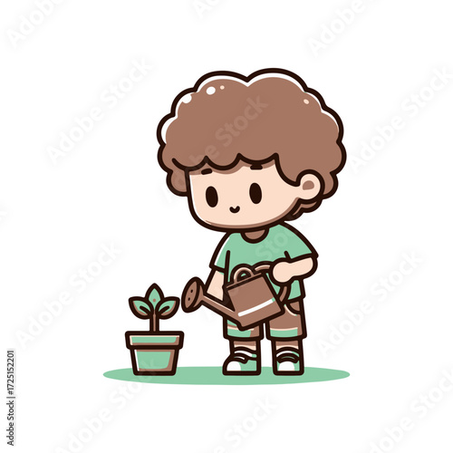 A young child watering a small plant in a pot, surrounded by a bright, cheerful background