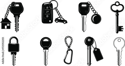 Keys and keychains collection, car key fob, vintage skeleton keys, house key, padlock, carabiner, modern key design, silhouette illustration set