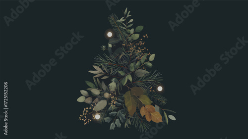 Darkly elegant christmas tree silhouette adorned with ornate ornaments and festive greenery against a deep green background