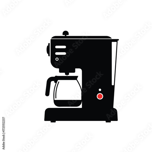 Black silhouette of coffee maker with carafe and a red power button